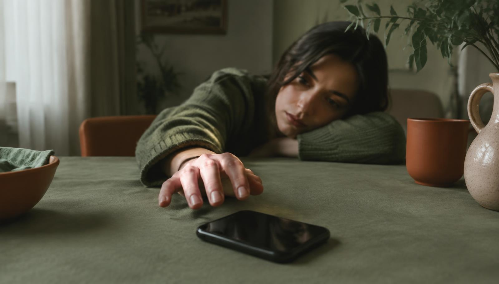 Persona mirando un teléfono que no suena, imagen del síndrome de abstinencia emocional