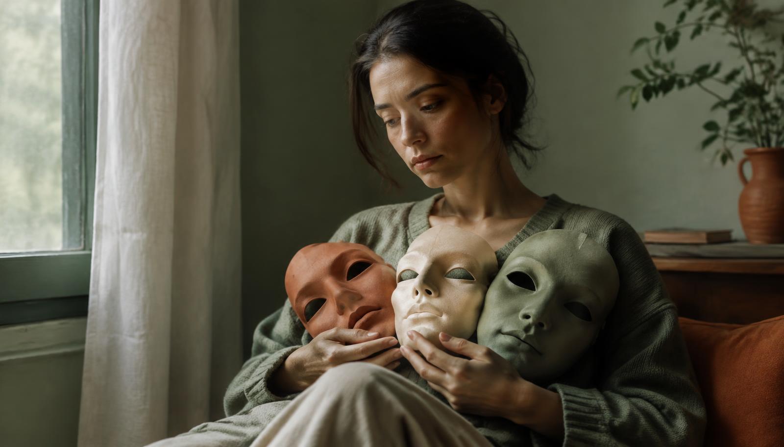 Mujer sosteniendo varias máscaras vacías, imagen de la personalidad camaleónica y el miedo al rechazo