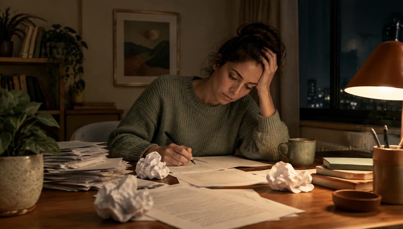 Mujer reescribiendo una página una y otra vez de noche, imagen del crítico interno y la autoexigencia