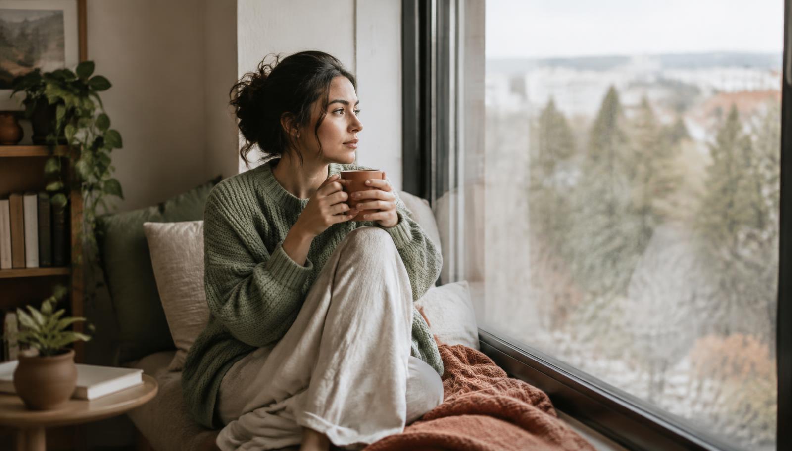 Mujer junto a una ventana con una taza caliente tras una ruptura, imagen de reconstruir la identidad después de romper