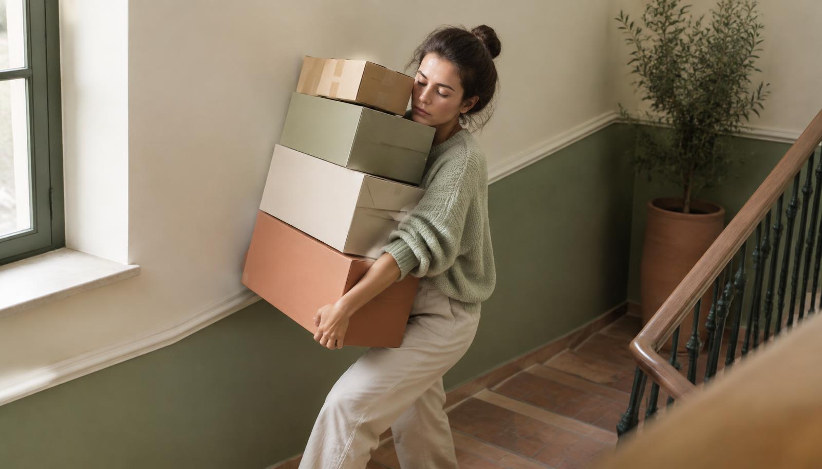 Mujer subiendo sola una escalera cargada de cajas, imagen de la hiperindependencia como defensa