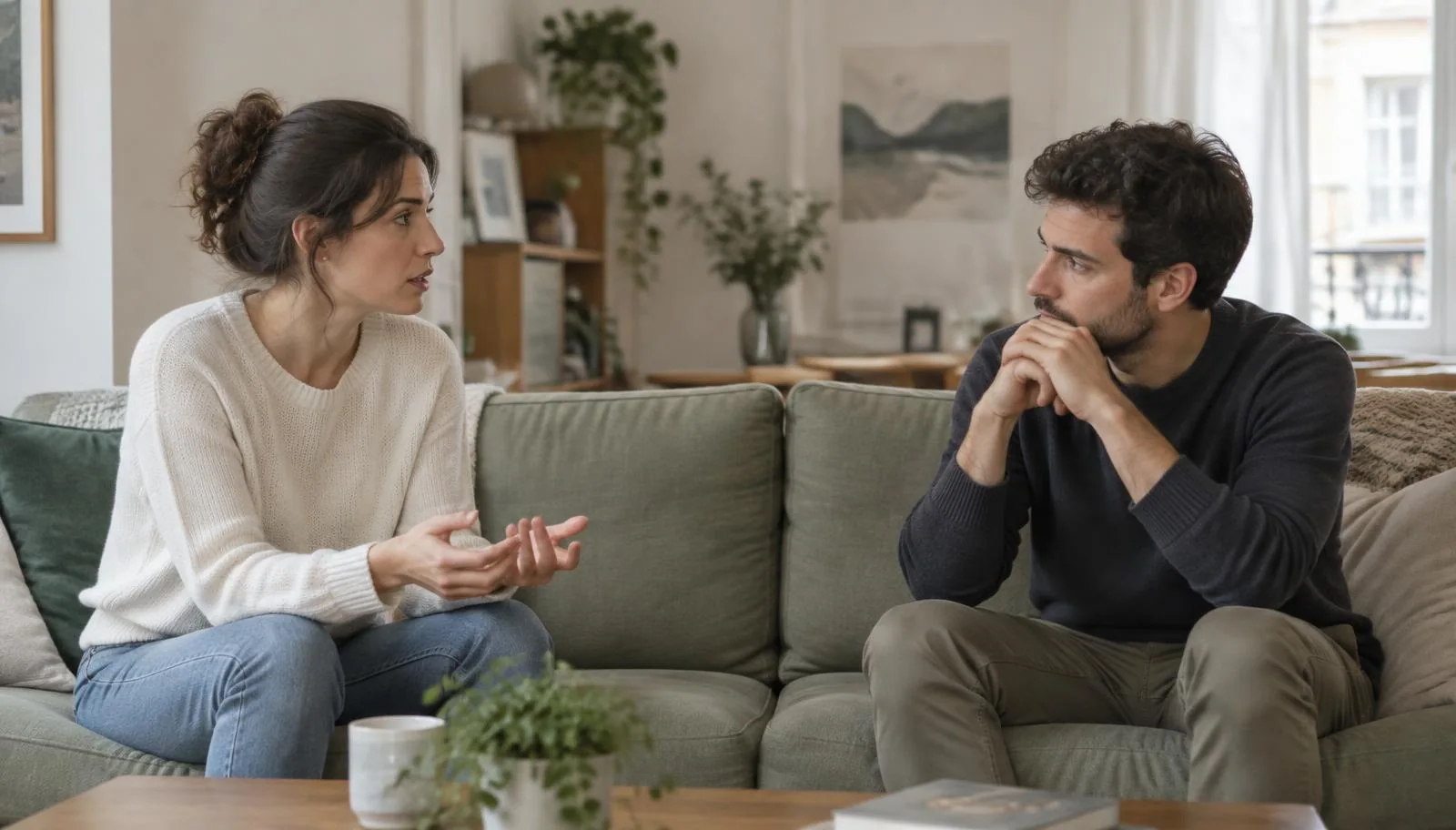 Dos personas conversan con distancia emocional, ilustración sobre lenguaje terapéutico e intimidad en pareja