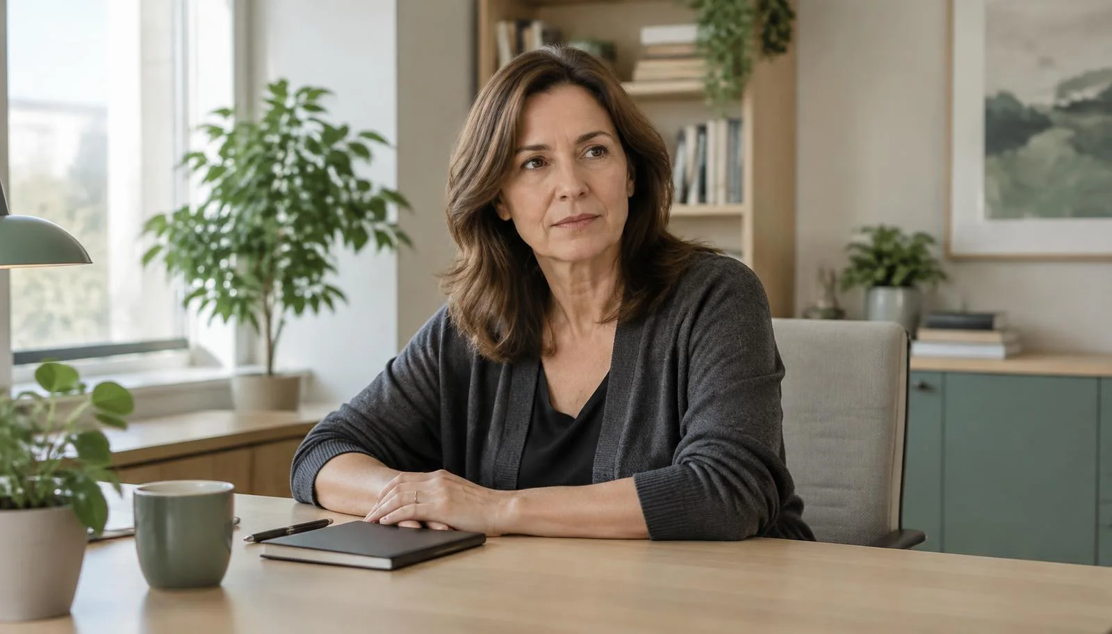 Una profesional reflexiona junto a su escritorio, imagen sobre lesión moral y conflicto entre valores e identidad laboral
