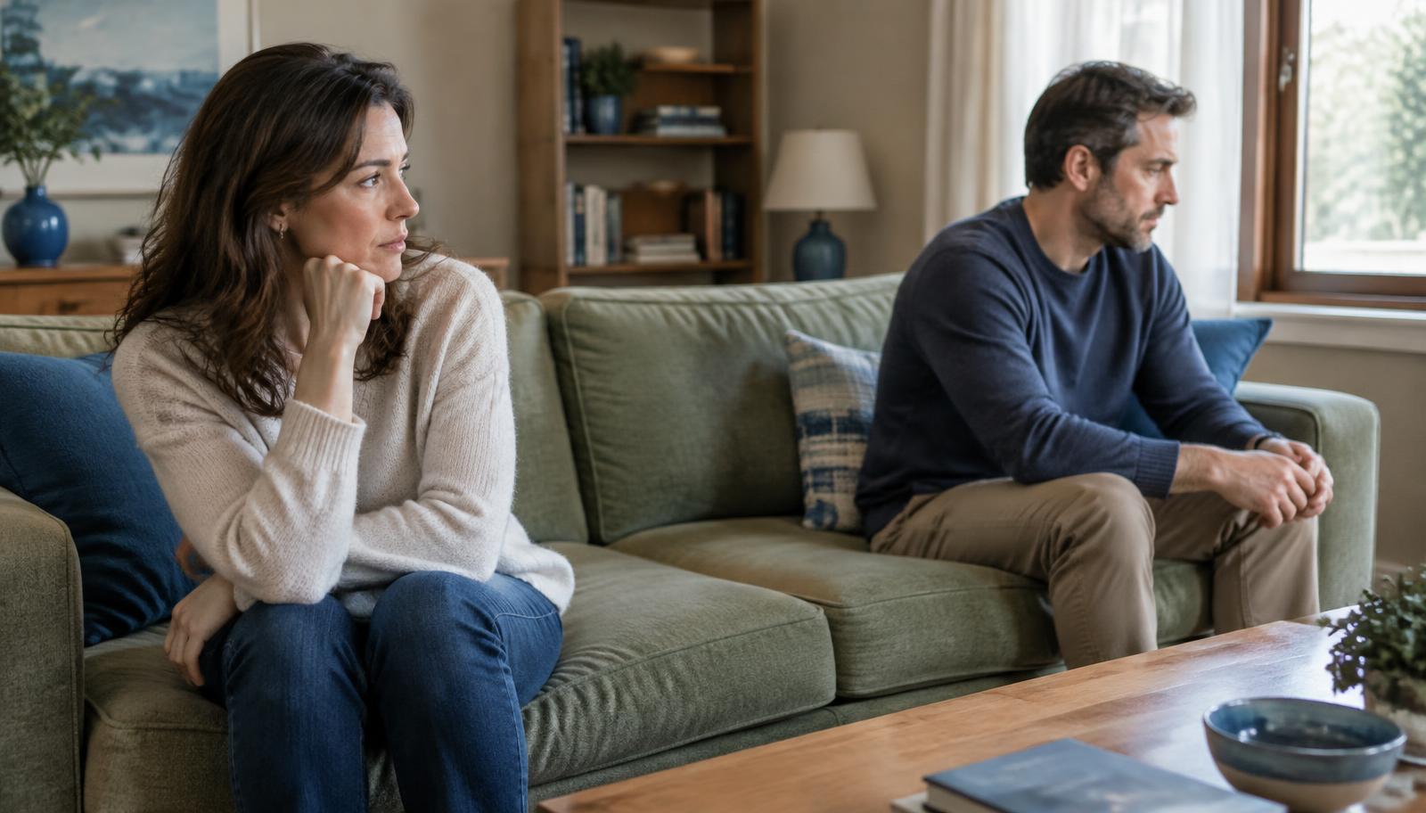 Pareja distanciada emocionalmente tras una discusión