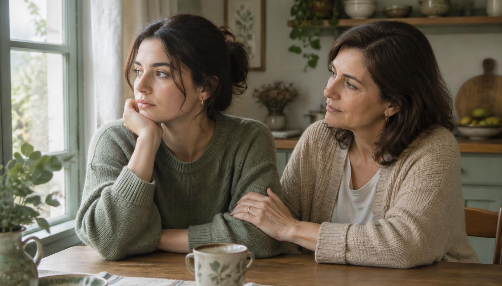 Hija adulta pensativa junto a la ventana mientras su madre le apoya la mano en el brazo, sentadas a la mesa de la cocina, reflejo de la parentificación emocional entre madre e hija