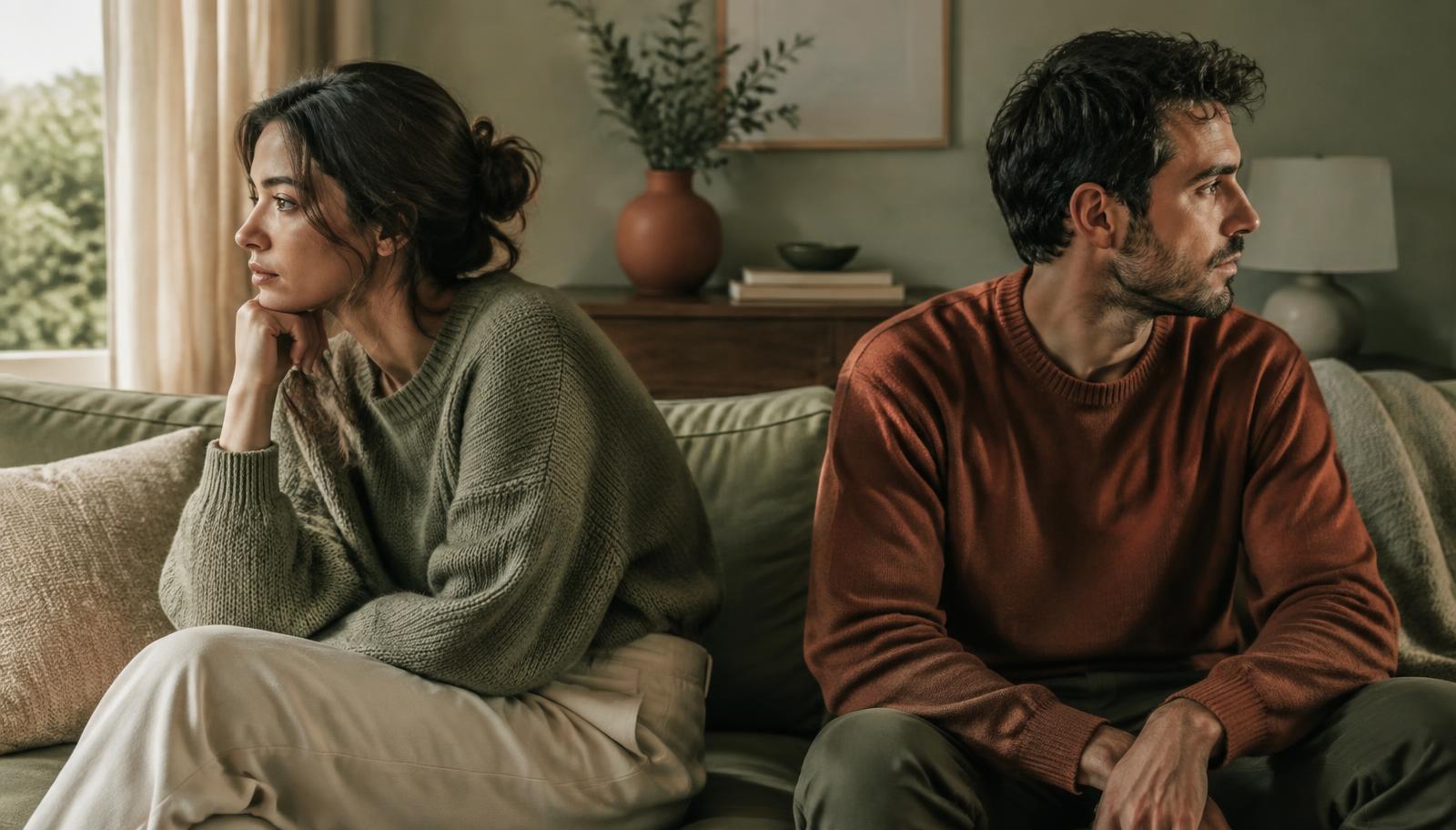 Pareja sentada junta pero de espaldas emocionales, imagen de la química sexual en una relación que hace daño